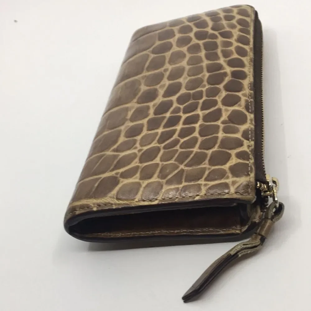 J & M Davidson Tan Leather Croc Embossed zip around zippy long wallet